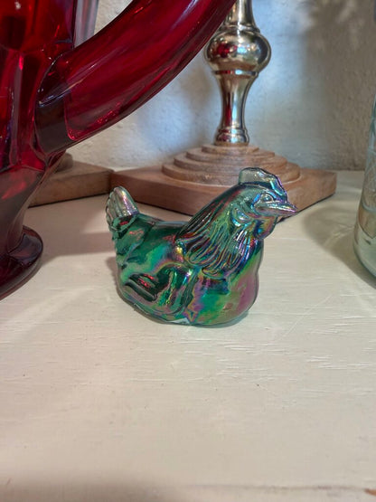 FENTON Mini Hen Figurine Green Carnival Glass