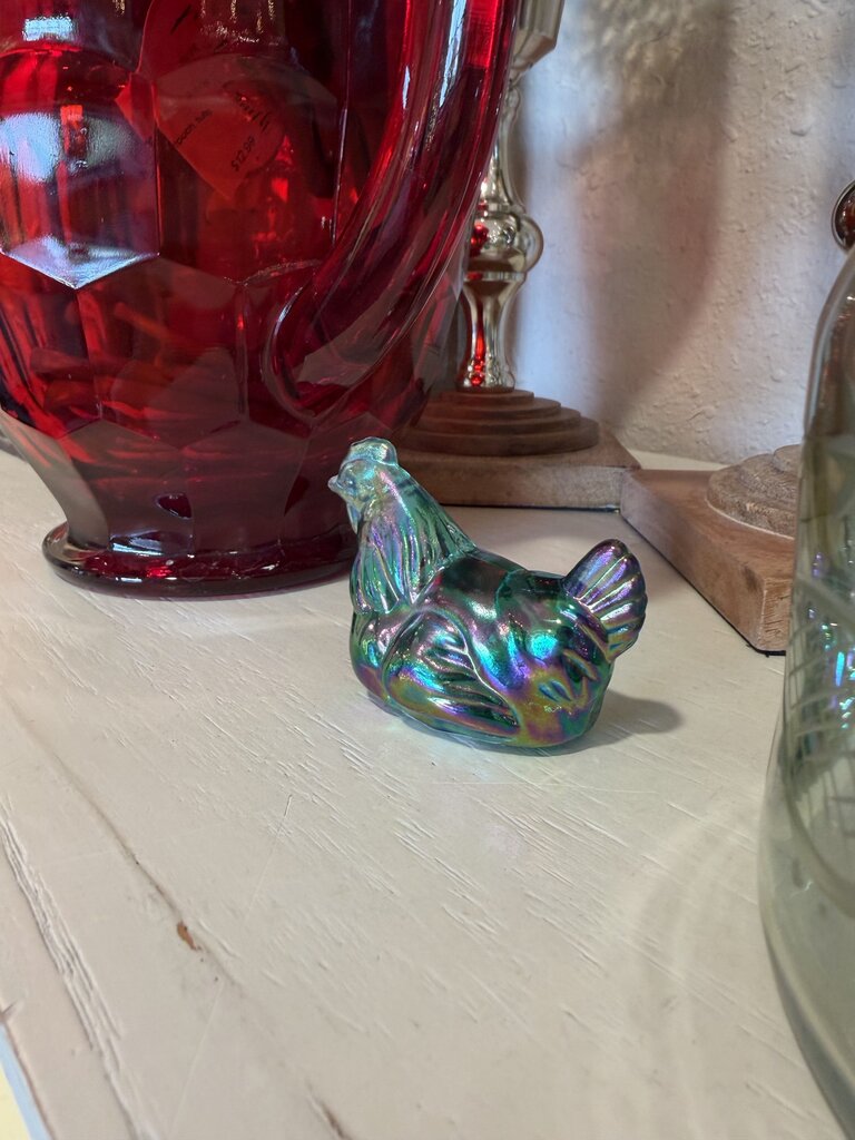 FENTON Mini Hen Figurine Green Carnival Glass