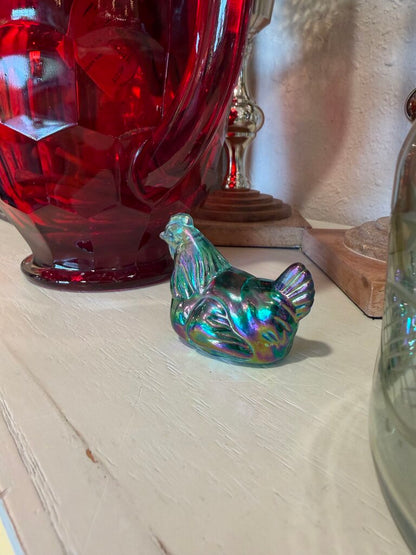 FENTON Mini Hen Figurine Green Carnival Glass