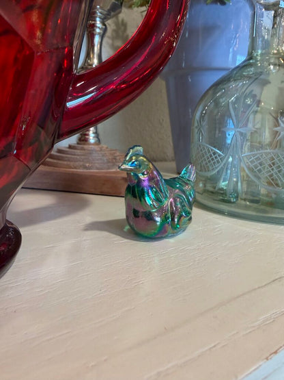 FENTON Mini Hen Figurine Green Carnival Glass