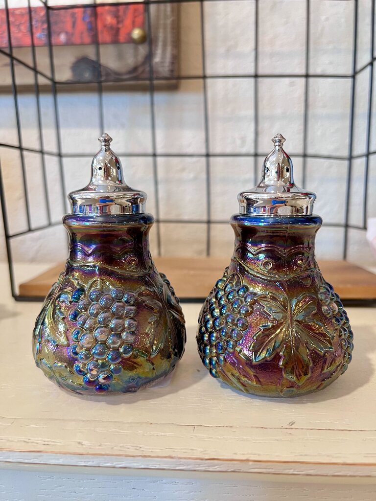 Imperial Amethyst Carnival Glass Grape and Cable Salt and Pepper Shakers