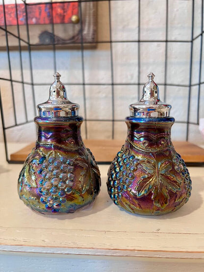 Imperial Amethyst Carnival Glass Grape and Cable Salt and Pepper Shakers