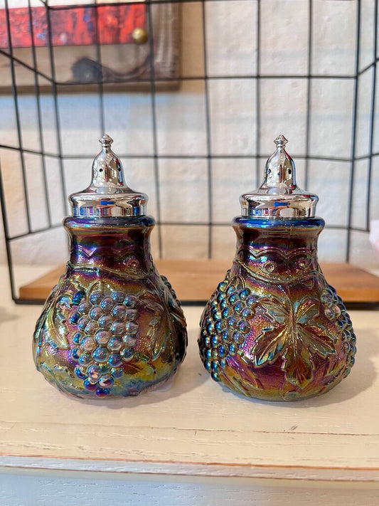 Imperial Amethyst Carnival Glass Grape and Cable Salt and Pepper Shakers
