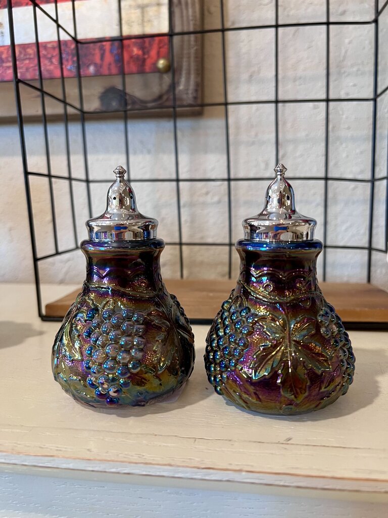 Imperial Amethyst Carnival Glass Grape and Cable Salt and Pepper Shakers