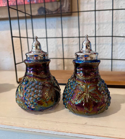Imperial Amethyst Carnival Glass Grape and Cable Salt and Pepper Shakers