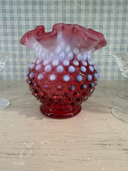 Vintage Fenton Art Glass Cranberry Opalescent Hobnail Vase Rose Bowl