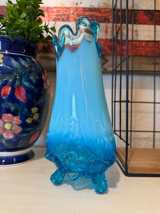 Antique Sowerby Piasa Bird Blue Opalescent Glass 3 Footed Swung Vase