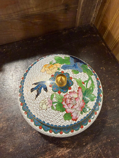 Vintage Cloisonne Lidded Round Box with Flower Images