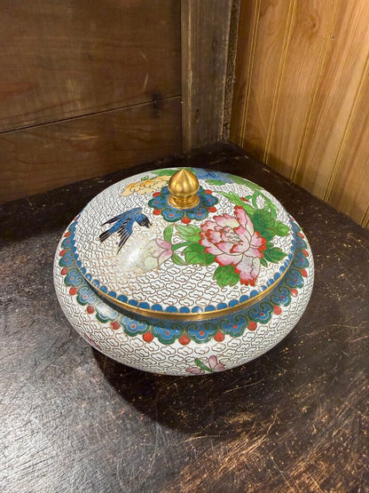 Vintage Cloisonne Lidded Round Box with Flower Images