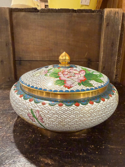 Vintage Cloisonne Lidded Round Box with Flower Images