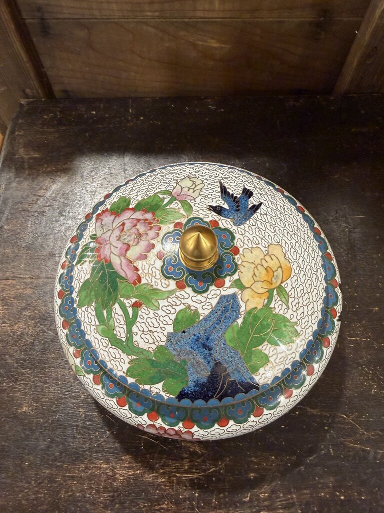 Vintage Cloisonne Lidded Round Box with Flower Images