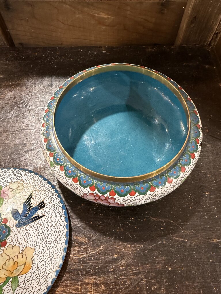 Vintage Cloisonne Lidded Round Box with Flower Images