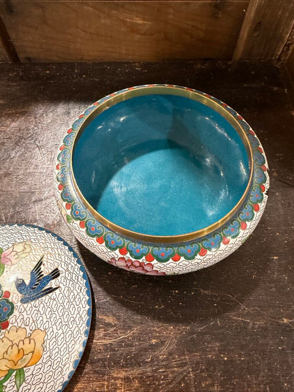 Vintage Cloisonne Lidded Round Box with Flower Images