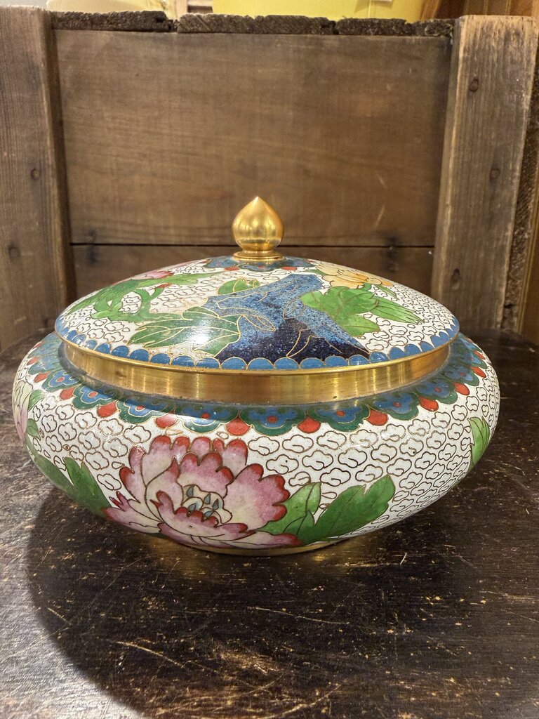 Vintage Cloisonne Lidded Round Box with Flower Images