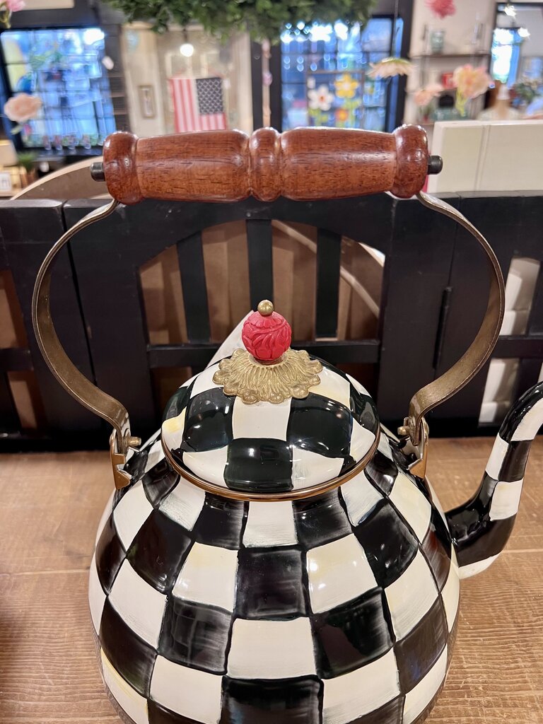 Mackenzie Childs 2 Quart Teapot Kettle Courtly Check Checkered Wooden Handle "AS IS CONTIDITON"