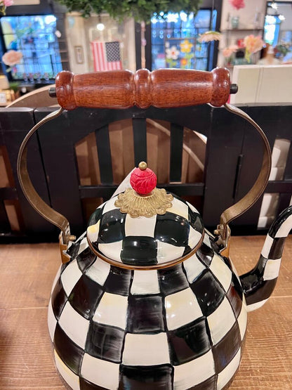 Mackenzie Childs 2 Quart Teapot Kettle Courtly Check Checkered Wooden Handle "AS IS CONTIDITON"
