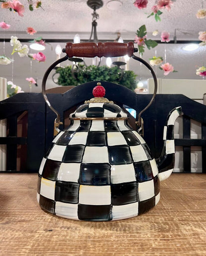 Mackenzie Childs 2 Quart Teapot Kettle Courtly Check Checkered Wooden Handle "AS IS CONTIDITON"