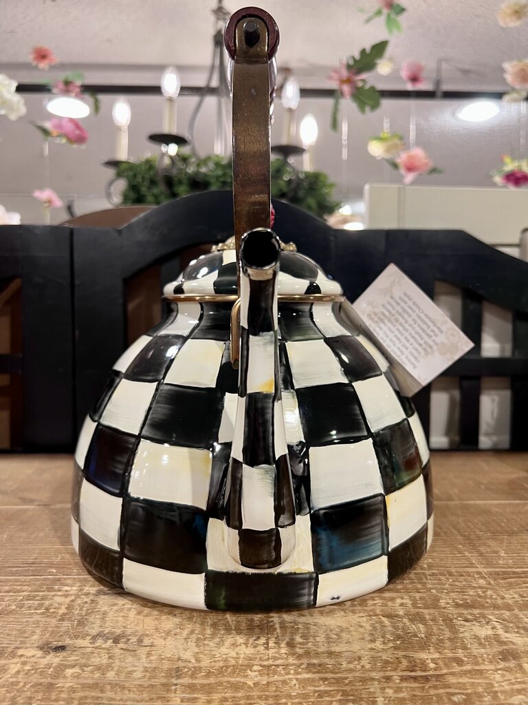 Mackenzie Childs 2 Quart Teapot Kettle Courtly Check Checkered Wooden Handle "AS IS CONTIDITON"