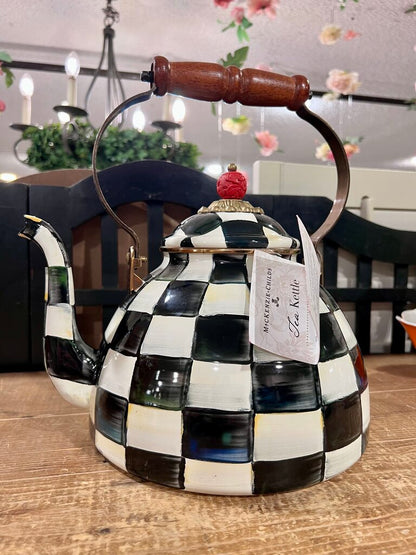 Mackenzie Childs 2 Quart Teapot Kettle Courtly Check Checkered Wooden Handle "AS IS CONTIDITON"