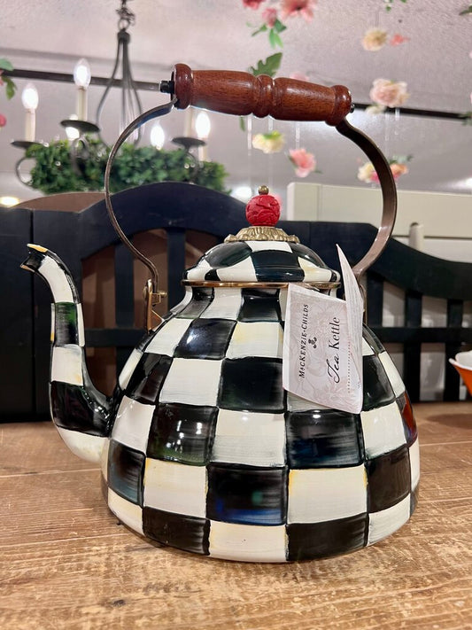 Mackenzie Childs 2 Quart Teapot Kettle Courtly Check Checkered Wooden Handle "AS IS CONTIDITON"