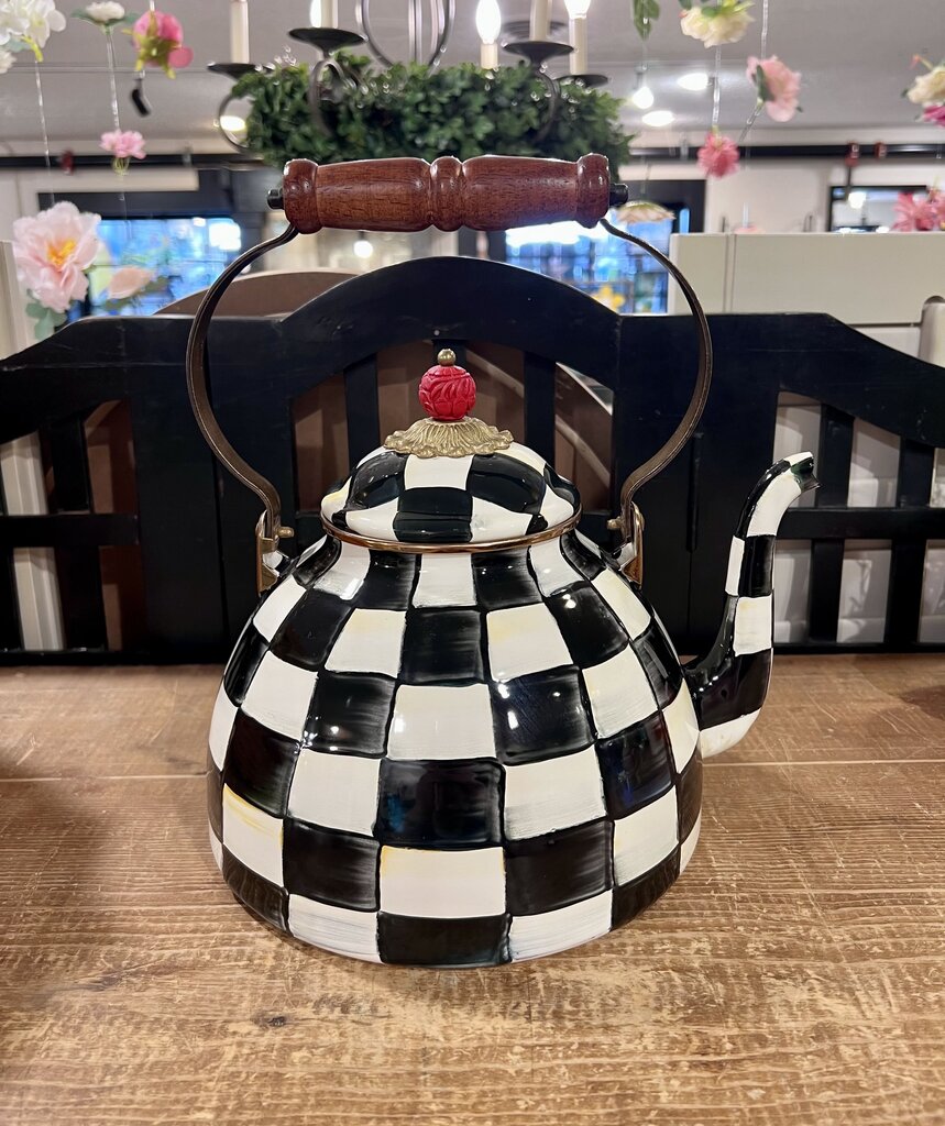 Mackenzie Childs 2 Quart Teapot Kettle Courtly Check Checkered Wooden Handle "AS IS CONTIDITON"