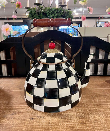 Mackenzie Childs 2 Quart Teapot Kettle Courtly Check Checkered Wooden Handle "AS IS CONTIDITON"