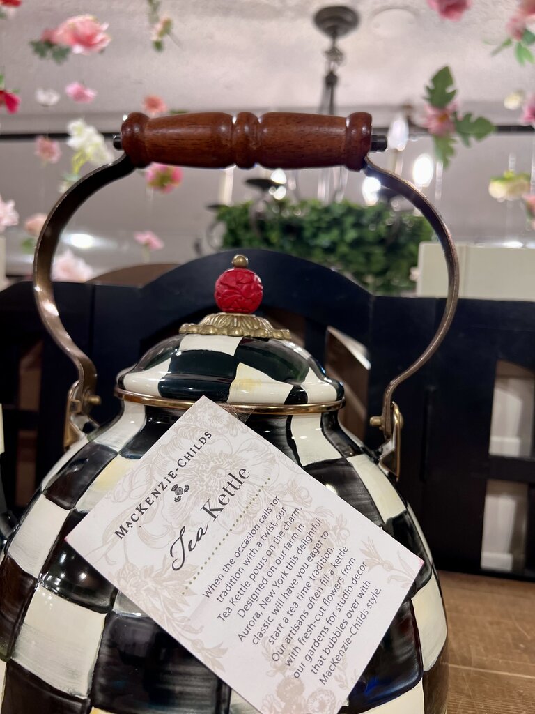 Mackenzie Childs 2 Quart Teapot Kettle Courtly Check Checkered Wooden Handle "AS IS CONTIDITON"