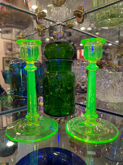 Uranium Green Glass Candlesticks