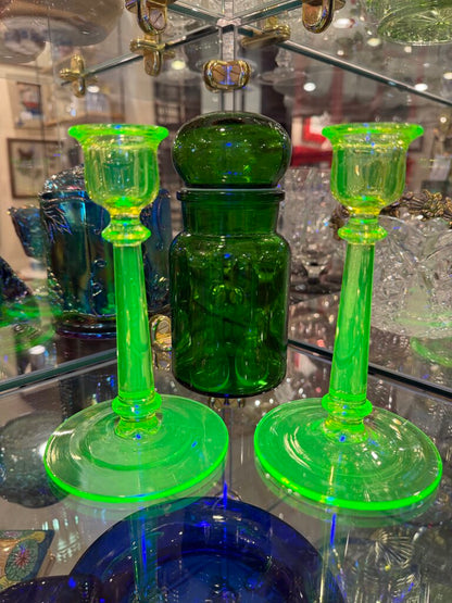 Uranium Green Glass Candlesticks