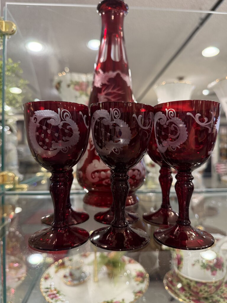 Antique Bohemian Glass Ruby Etched Decanter and Glasses