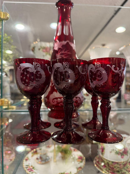Antique Bohemian Glass Ruby Etched Decanter and Glasses