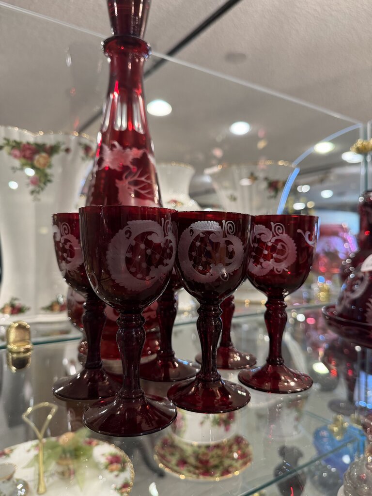 Antique Bohemian Glass Ruby Etched Decanter and Glasses