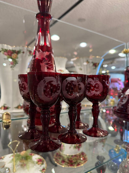 Antique Bohemian Glass Ruby Etched Decanter and Glasses