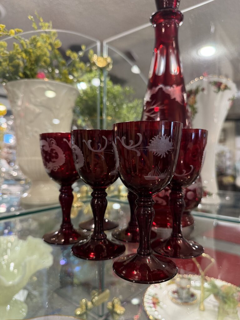 Antique Bohemian Glass Ruby Etched Decanter and Glasses