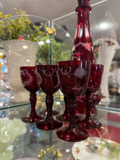 Antique Bohemian Glass Ruby Etched Decanter and Glasses