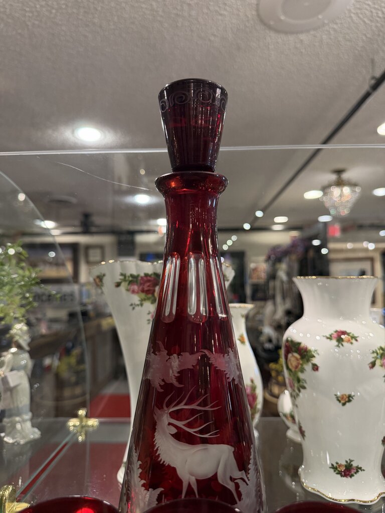 Antique Bohemian Glass Ruby Etched Decanter and Glasses