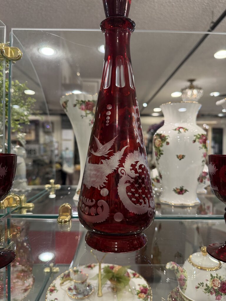Antique Bohemian Glass Ruby Etched Decanter and Glasses