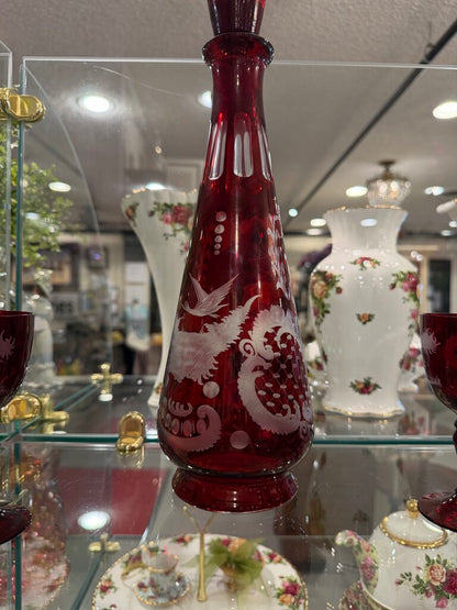 Antique Bohemian Glass Ruby Etched Decanter and Glasses