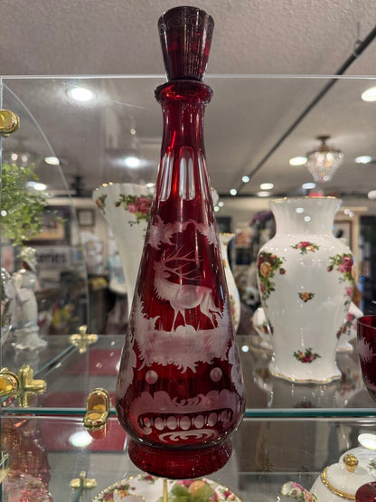 Antique Bohemian Glass Ruby Etched Decanter and Glasses