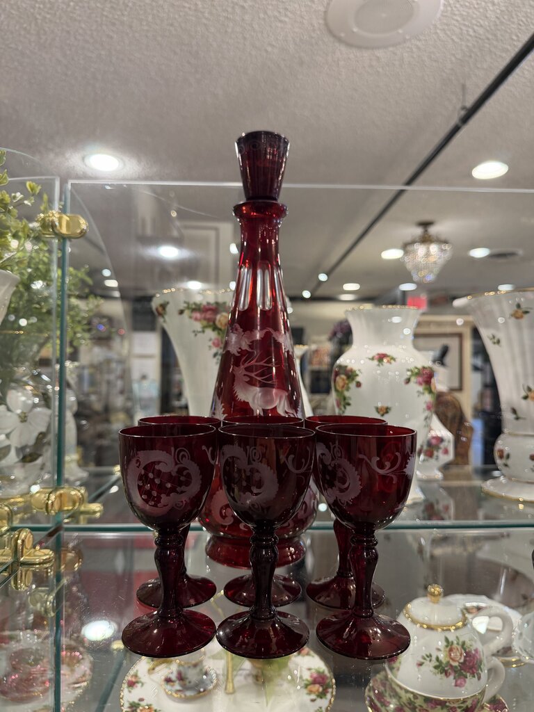 Antique Bohemian Glass Ruby Etched Decanter and Glasses