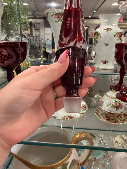 Antique Bohemian Glass Ruby Etched Decanter and Glasses