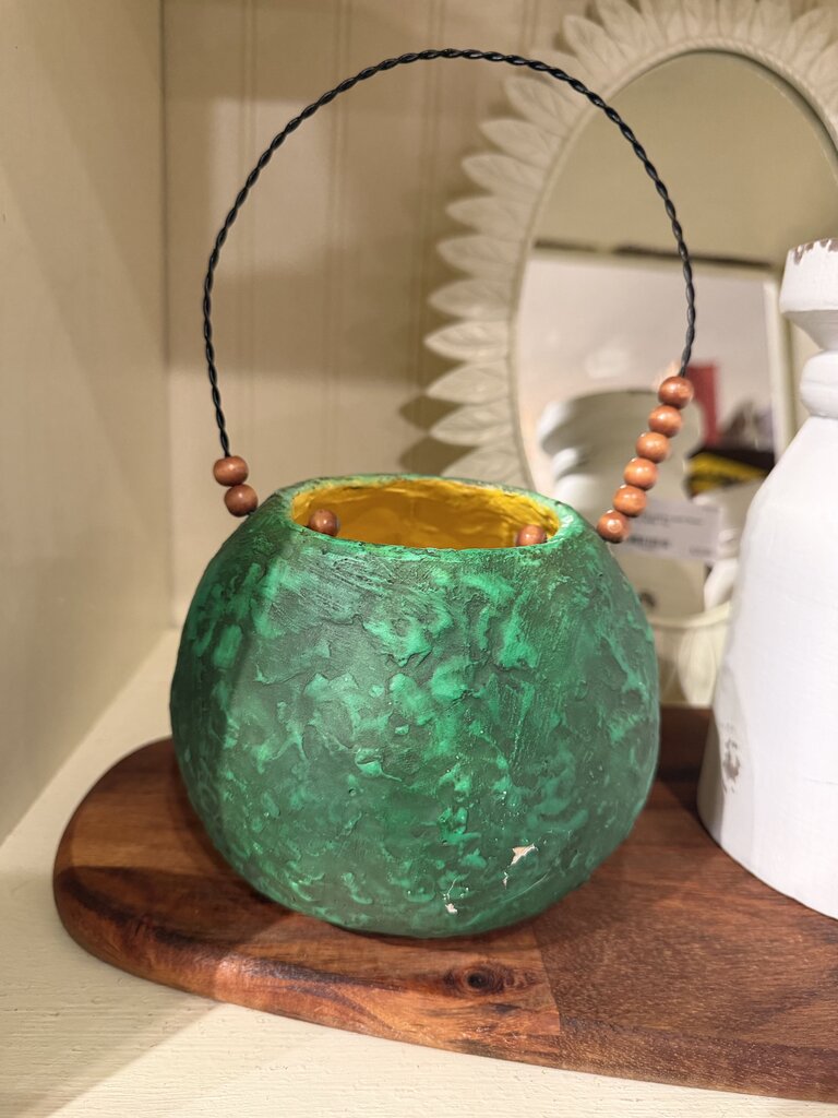 Bethany Lowe Paper Mache Green Pumpkin Treat Bucket with Wire Handle