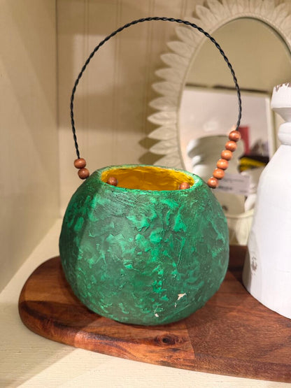 Bethany Lowe Paper Mache Green Pumpkin Treat Bucket with Wire Handle
