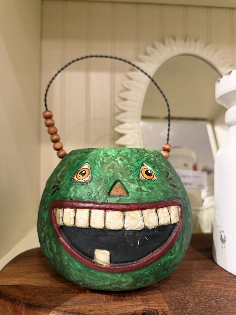 Bethany Lowe Paper Mache Green Pumpkin Treat Bucket with Wire Handle