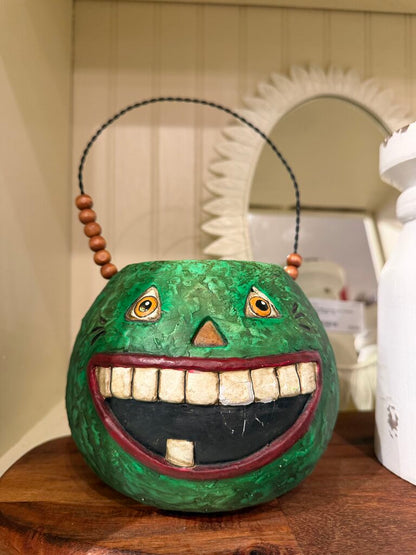 Bethany Lowe Paper Mache Green Pumpkin Treat Bucket with Wire Handle