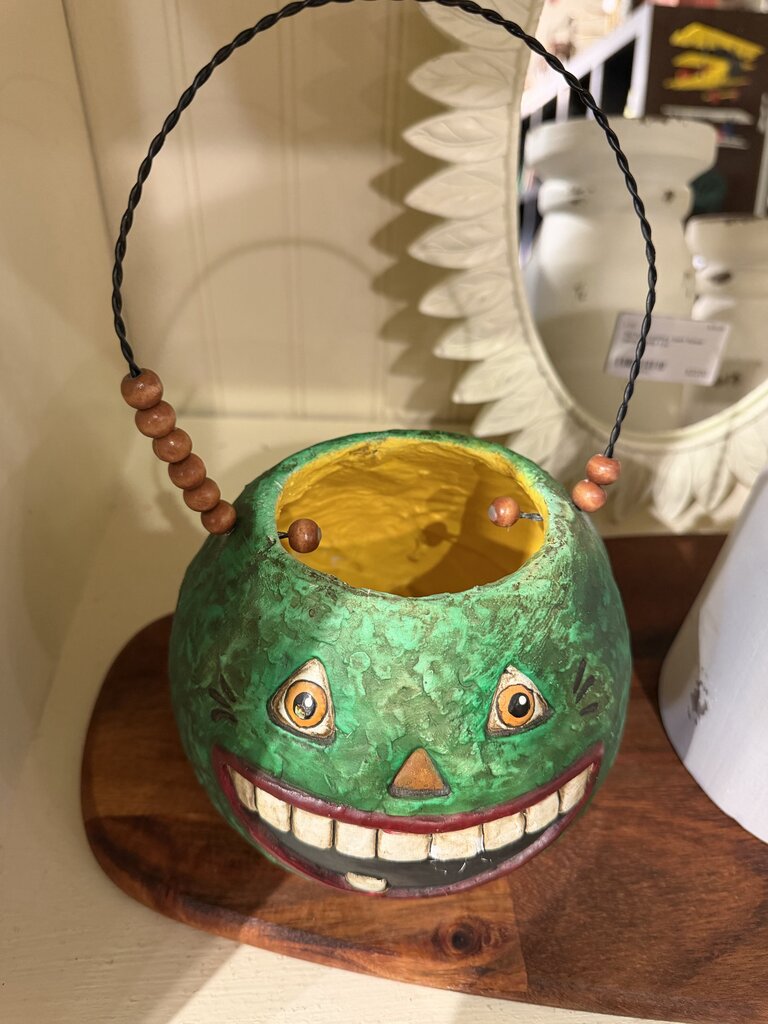Bethany Lowe Paper Mache Green Pumpkin Treat Bucket with Wire Handle