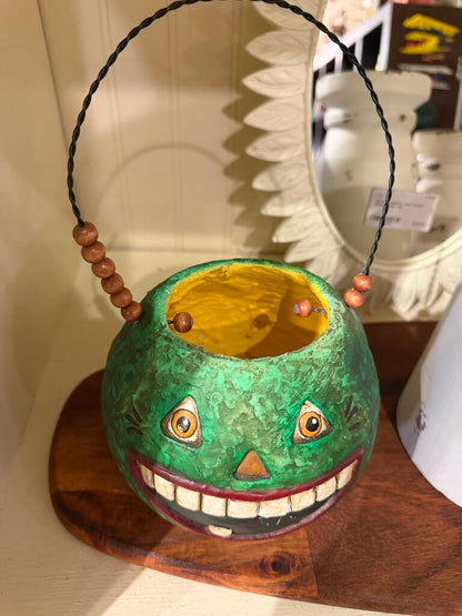 Bethany Lowe Paper Mache Green Pumpkin Treat Bucket with Wire Handle