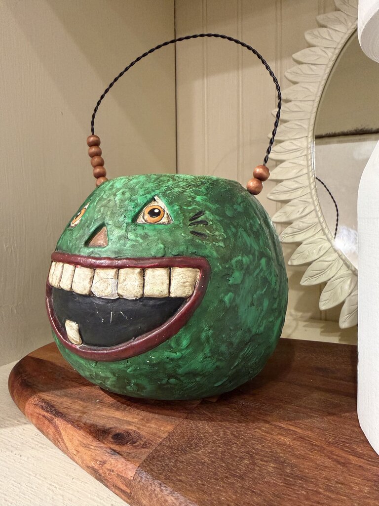 Bethany Lowe Paper Mache Green Pumpkin Treat Bucket with Wire Handle