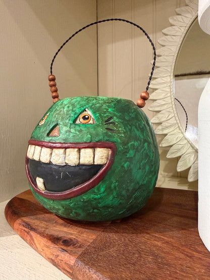 Bethany Lowe Paper Mache Green Pumpkin Treat Bucket with Wire Handle