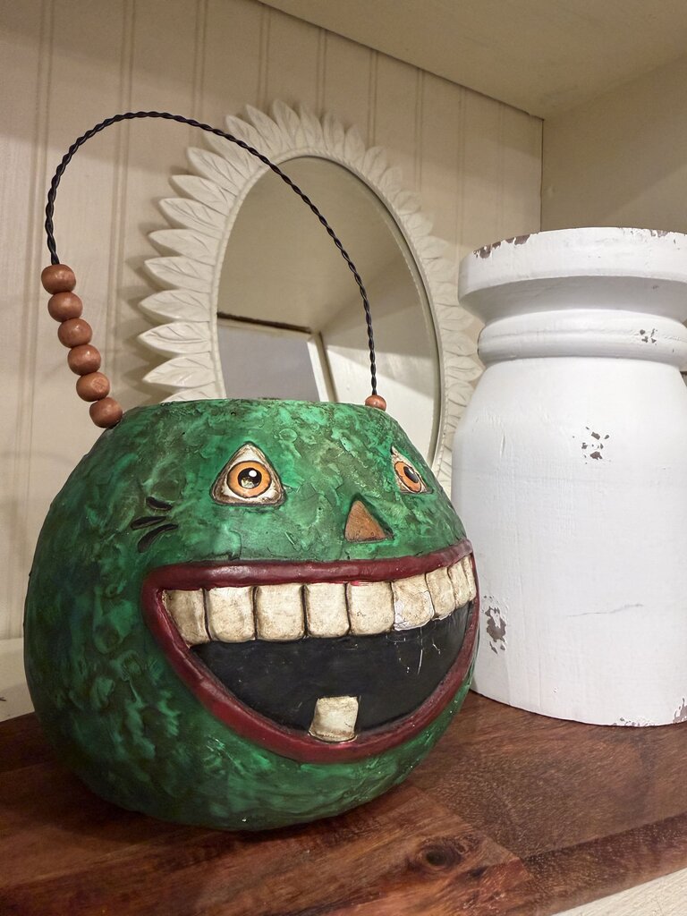 Bethany Lowe Paper Mache Green Pumpkin Treat Bucket with Wire Handle